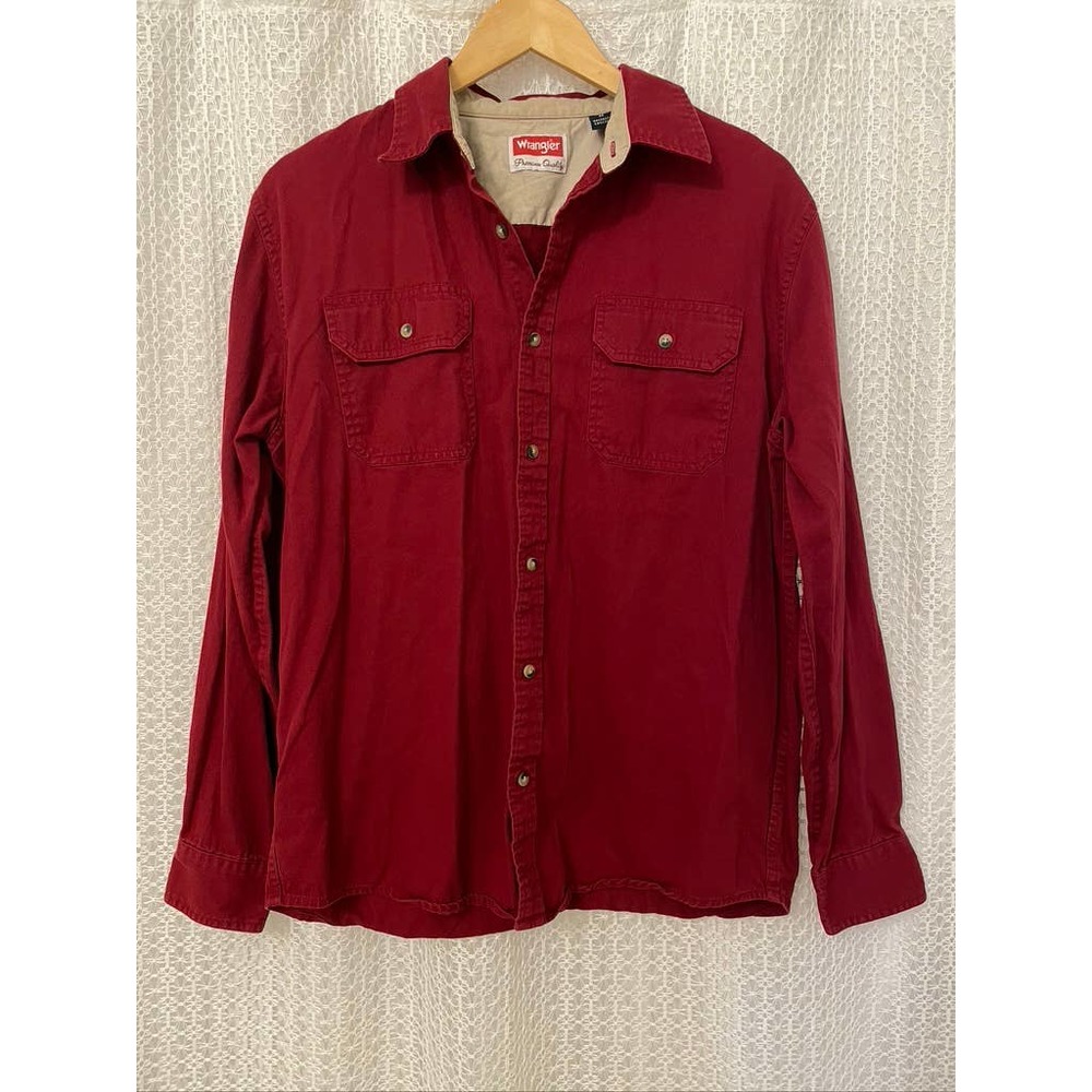 Wrangler - Men's Red Premium Quality Cotton Button Up Long Sleeve Work Shirt - M